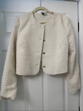 Classic Cream Tweed Cropped Jacket - Women's Coat